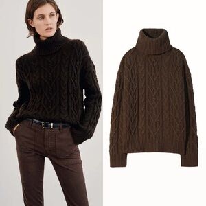 NILI LOTAN Gigi Cashmere Cable Knit Turtleneck Sweater Espresso Brown Sz L